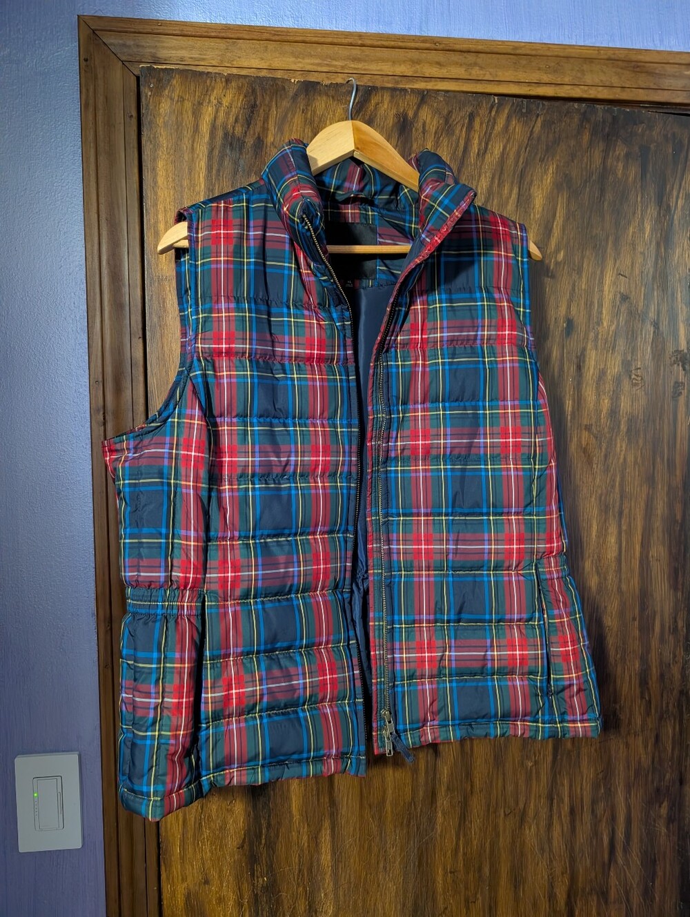Plaid Quilted Puffer Vest in Red & Navy